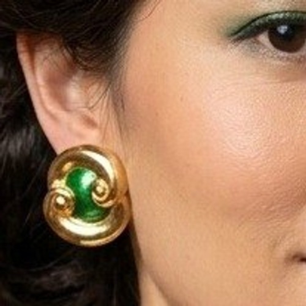 Vintage Made in England Gold Tone Green Enamel Swirl Clip On Statement Earrings